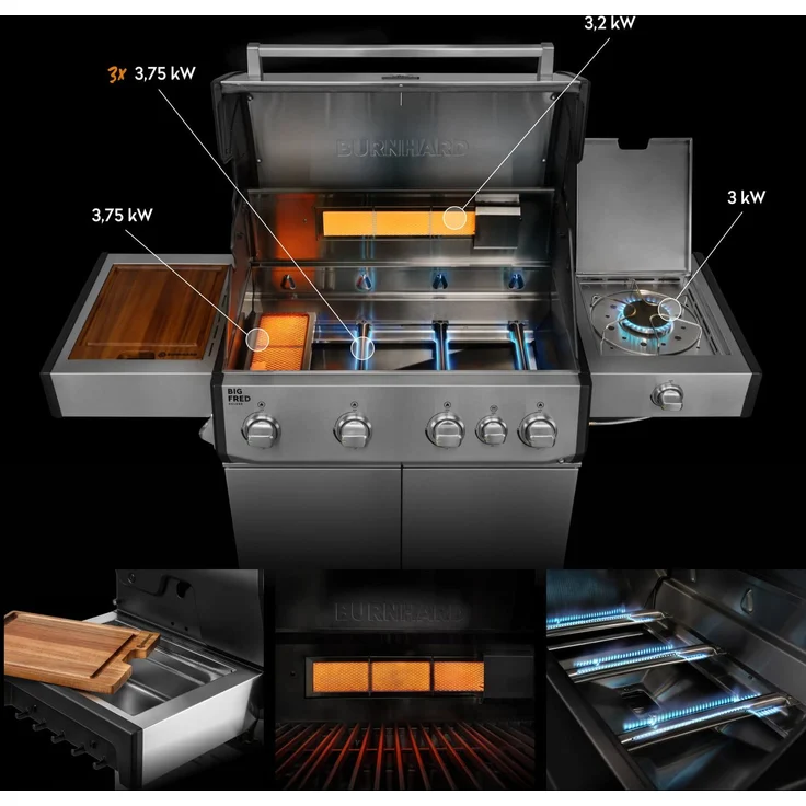 BURNHARD® Gasgrill 4-Brenner, 21,2 kW Gesamtleistung, Infrarot-Keramikbrenner, Seitenkochfeld, Edelstahl-Stabbrenner, Gussrost, große Grillfläche, Piezo-Zündung – Big FRED Deluxe - Silber - #947138 – Bild 3