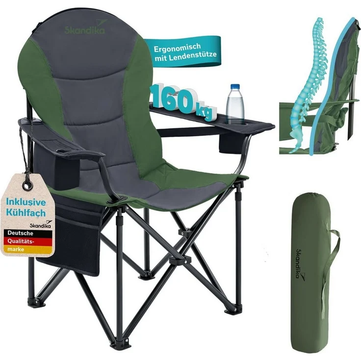 Skandika Campingstuhl Relax Comfort, Klappstuhl, Faltsessel, Anglerstuhl, Gartenstuhl (Max. Nutzergewicht 160 kg, Reißverschlussfach im Kopfteil, Tragetasche), Getränkehalter, Kühlfach, Seitentasche, Polsterfach, breite Sitzfläche – Bild 1