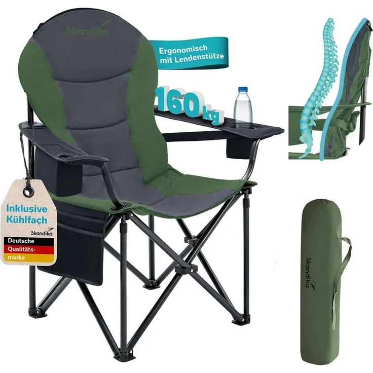 Skandika Campingstuhl Relax Comfort, Klappstuhl, Faltsessel, Anglerstuhl, Gartenstuhl (Max. Nutzergewicht 160 kg, Reißverschlussfach im Kopfteil, Tragetasche), Getränkehalter, Kühlfach, Seitentasche, Polsterfach, breite Sitzfläche