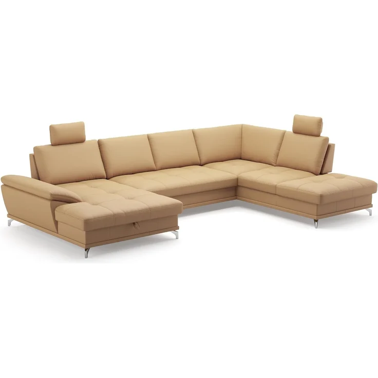 Cavadore Wohnlandschaft Castiel mit Federkern / Sofalandschaft mit XL-Longchair, Sitztiefenverstellung, Kopfstützen und satinierten Metallfüßen / 363x89-104x223 / Echtleder, Beige