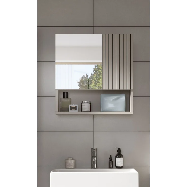xonox. home – Spiegelschrank Mone 60 x 55 x 17 cm in Kaschmir Nachbildung – Badspiegel mit 1 Spiegeltür, 4 geschlossenen & 1 offenem Fach – Stilvolle Optik, kompakt & eine perfekte Ergänzung für Ihr Bad – Bild 6
