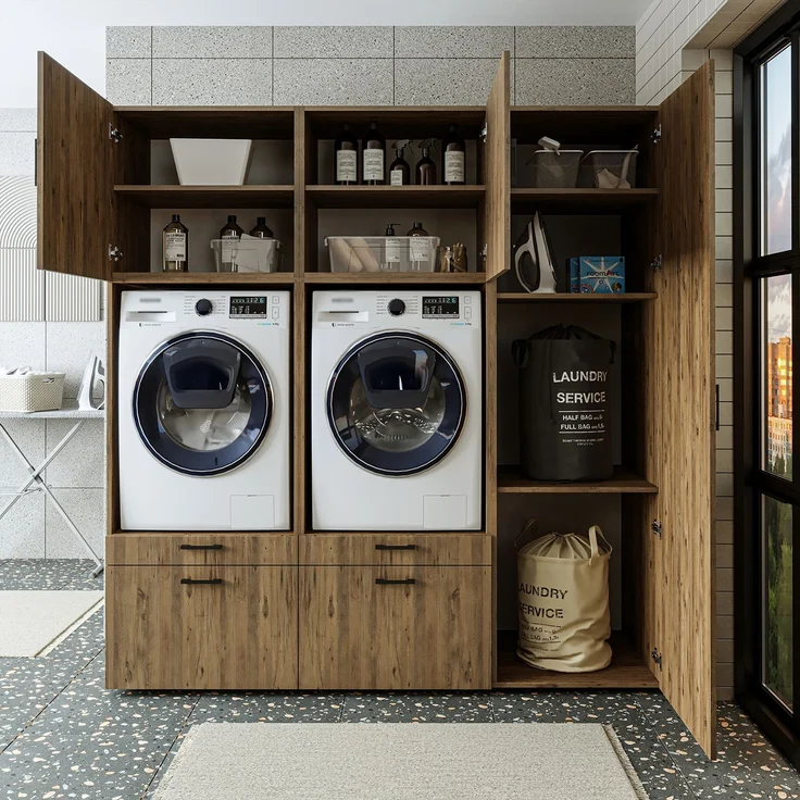 Roomart Waschmaschinenschrank Doppelschrank – SERIE 2 – 194 cm breit, Überbauschrank für Waschküche & Hauswirtschaftsraum – 205 cm hoch – mit Ausziehbrett & Schubladen – • Eiche – Bild 5