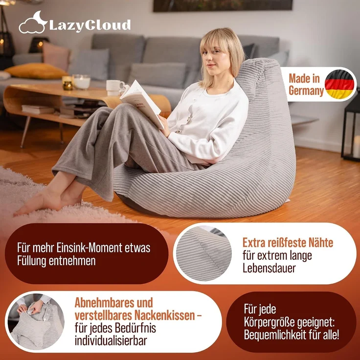 Sitzsack für Erwachsene mit integrierter [Nackenstütze] Cord | XXL Indoor Bean Bag mit Füllung | perfekt als Chill-, Lese- oder Gaming Sessel (90 x 80 x 70 cm) (Sitzsack & Hocker Leichtgrau) – Bild 6