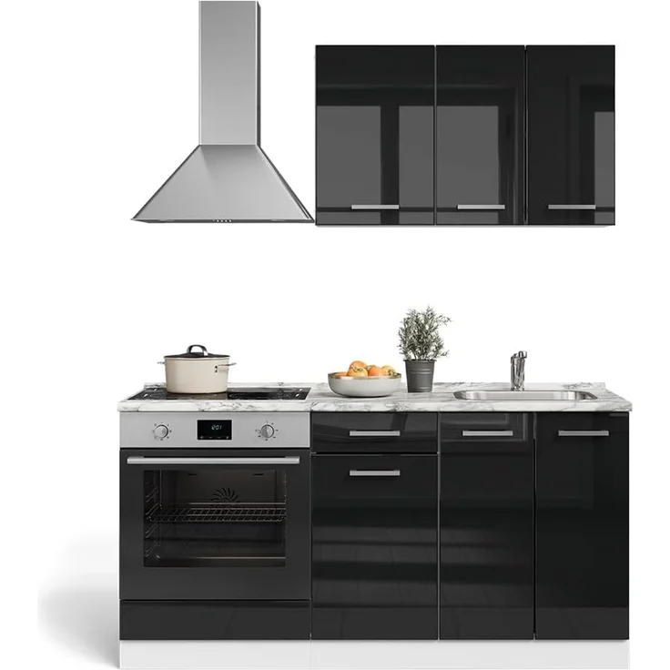 Vicco Singleküche mit Herdumbauschrank ohne Arbeitsplatte, R-Line, Schwarz Hochglanz/Weiß, 160 cm – Bild 5