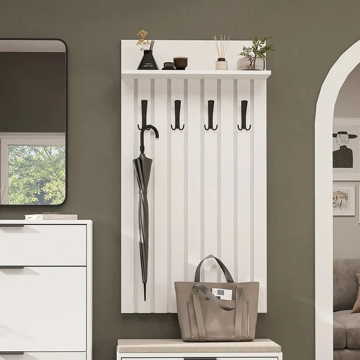 Roomart NORD Garderobenpaneel 130 cm – Wandgarderobe mit 4 Doppelhaken & Hutablage in Lamellenoptik – H 130 x B 69.2 x T 18.6 cm • Weiß – Bild 2