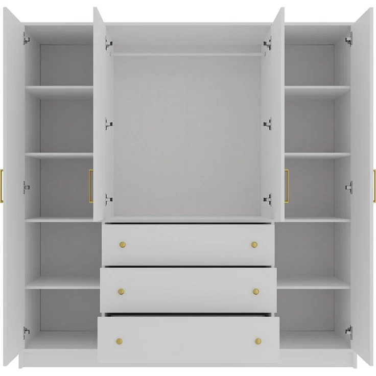 Beautysofa Drehtürenschrank RILO mit 4 Türen und goldfarbene Griffe (Kleiderstange, 8 Regalböden, 3 Schubladen, Farbe: Weiß oder Schwarz) Breite: 196 cm – Bild 2