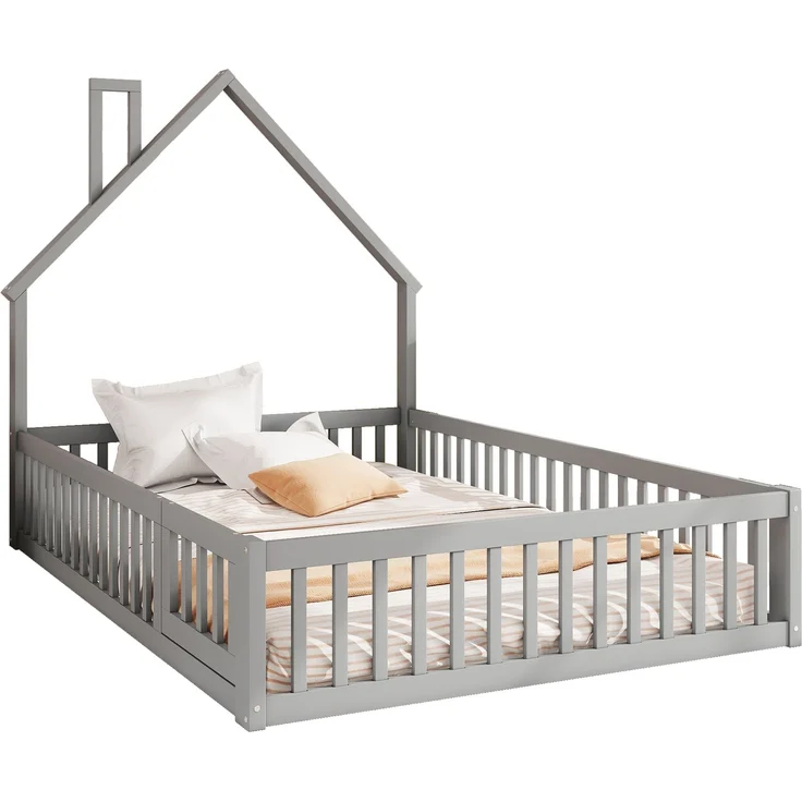 Kinderbett 140x200 cm mit Schornsteinform, Hausbett mit Sicherheitsgitter, Holzbett für Kinderzimmer, Jugendbett, Bettgestell,Grau – Bild 5
