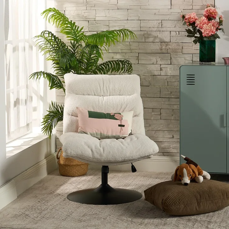 MEUBLE Cosy Sessel Lehnstühle Lounge mit höhenverstellbar Wippfunktion Relaxsessel 360° Drehbar Polsterstuhl für Wohnzimmer, Bouclé-Stoff, Weiß