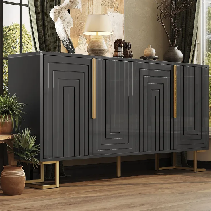 Schwarzes Sideboard 152×40×75 cm, Küchenschrank mit Metallbeinen, Kippschutz, goldfarbene Griffe, 4 Ablagefächer, 75cmx152cmx40cm