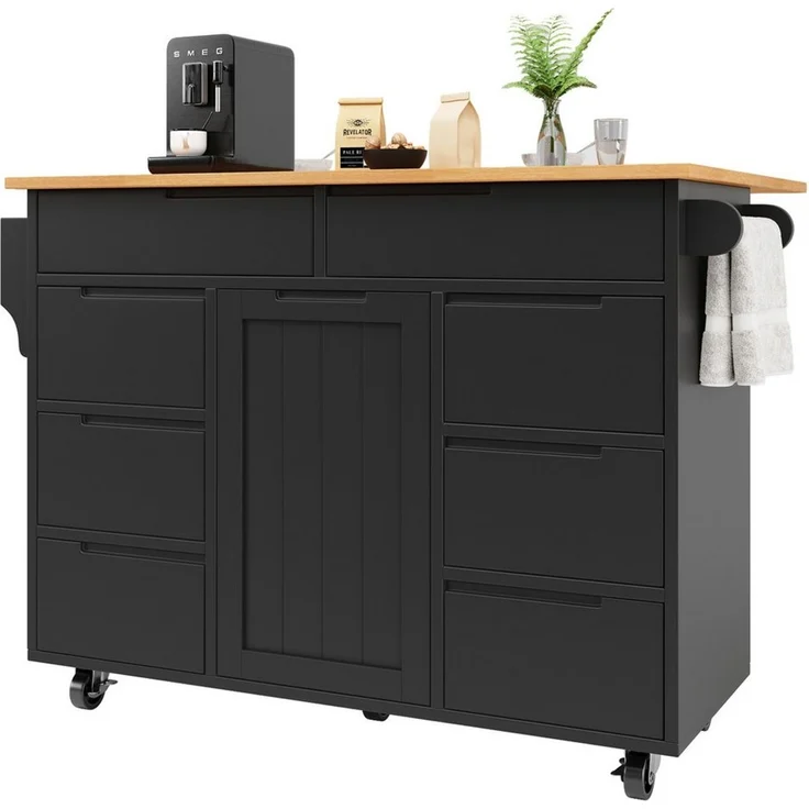 Flieks Küchenwagen mit erweiterbare Arbeitsplatte, Rollen und Gewürzregal, (1 St), Servierwagen mit 8 Schubladen Kücheninsel Buffetschrank Schwarz – Bild 4