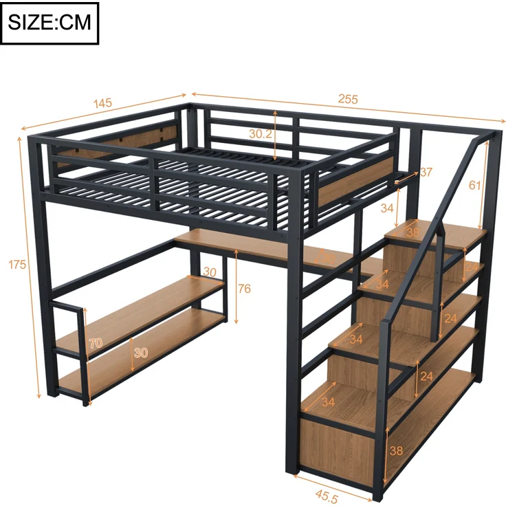 Metall-Hochbett mit Aufbewahrungsleiter,Regalen und Tisch Sicherheitszaun-Design mit gespleißten Metallplanken Hohes Eisenrahmenbett mit Metallrahmen für stabile Unterstützung,Metall,Schwarz,140 x 200 cm – Bild 9
