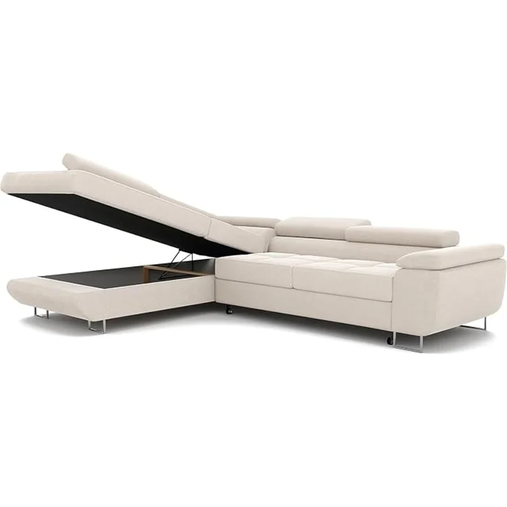 Idohome Ecksofa mit Schlaffunktion und Bettkasten, Verstellbare Kopfstützen, Stoff Monolith, mit Schlaffunktion und Bettkasten, Ausrichtung links, Gesteppte Oberfläche, Creme, 274x203 cm – Bild 4