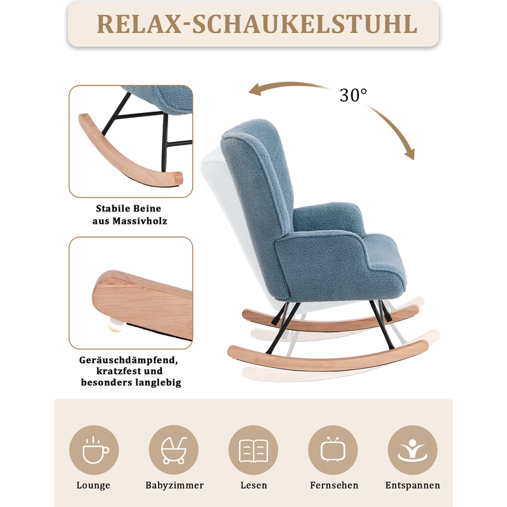 GOEURVANT 5006 Schaukelstuhl ohne Hocker (Relaxsessel, Ohrensessel) - Teddy-Stoff - Taubenblau – Bild 8