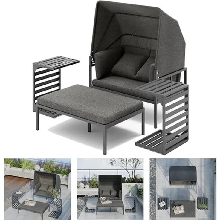 Mucola Gartenliege Aluminium Sonnenliege inkl. Sonnendach wetterfest Strandkorb Liegebett Terrassenmöbel Gartensofa Sonnenbett Outdoor-Liege – Bild 1