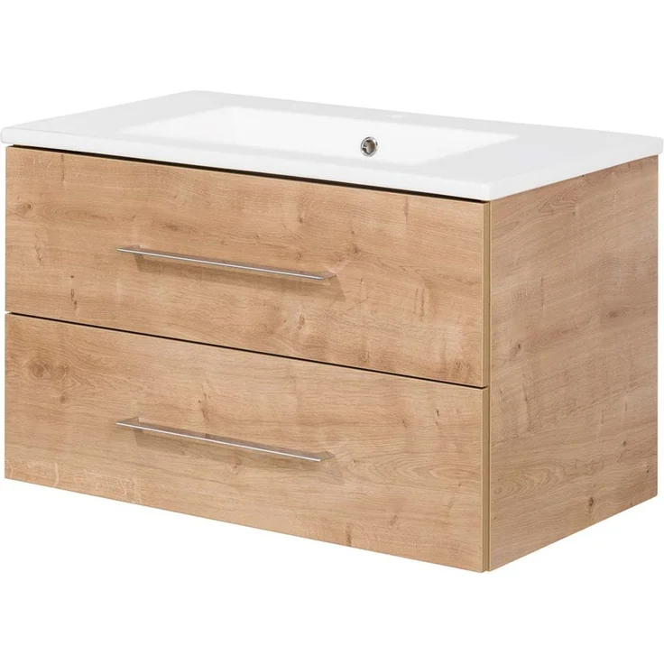 FACKELMANN B.PERFEKT Waschbecken mit Unterschrank 82 cm breit, Braun hell, Waschbecken Keramik Weiß – Bild 1