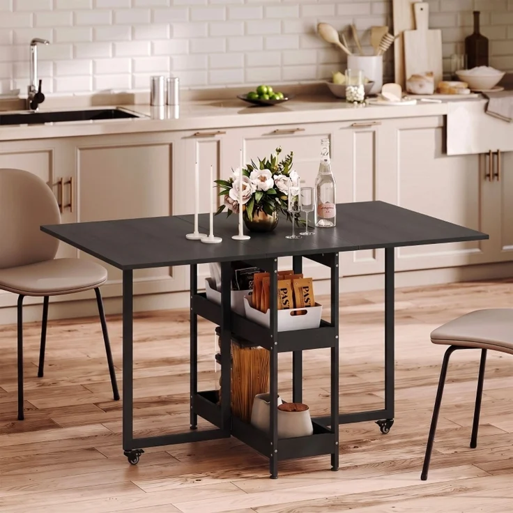 JARDJ Klappbarer Esstisch im Industriedesign, für bis zu 4 Personen, offene Regale, flexibel, Metall, Spanplatte, Schwarz – Bild 8