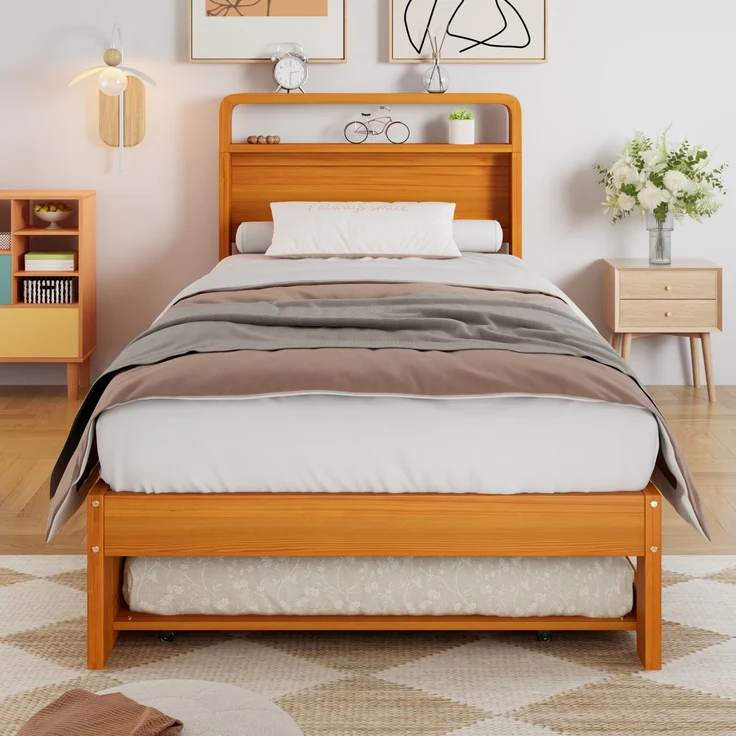 CHICFURN Ausziehbett Holz Natur 90x200 cm mit Gästebett 90x190 cm, links/rechts montierbar – Bild 4