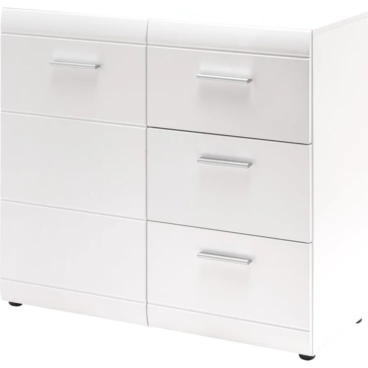 Kommode, Sideboard 'Adana' mit 1 Türen / 3 Laden, Weiß Hochglanz, ca. 96 x 86 x 39 cm