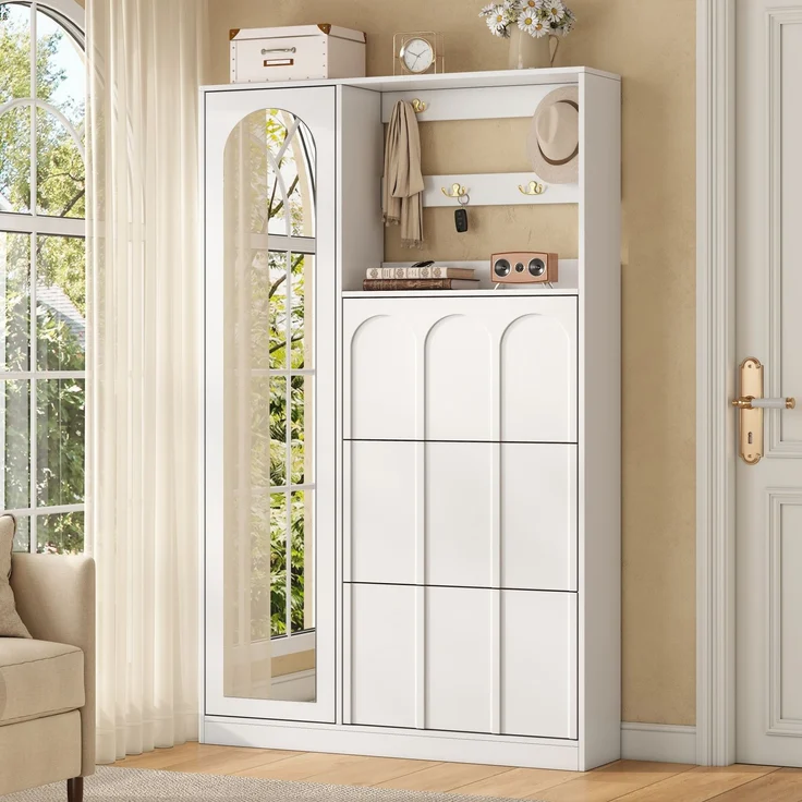 Garderobenschrank 100x24x164 cm in Weiß mit Spiegel, 3 Schuhklappen und Haken – Bild 3