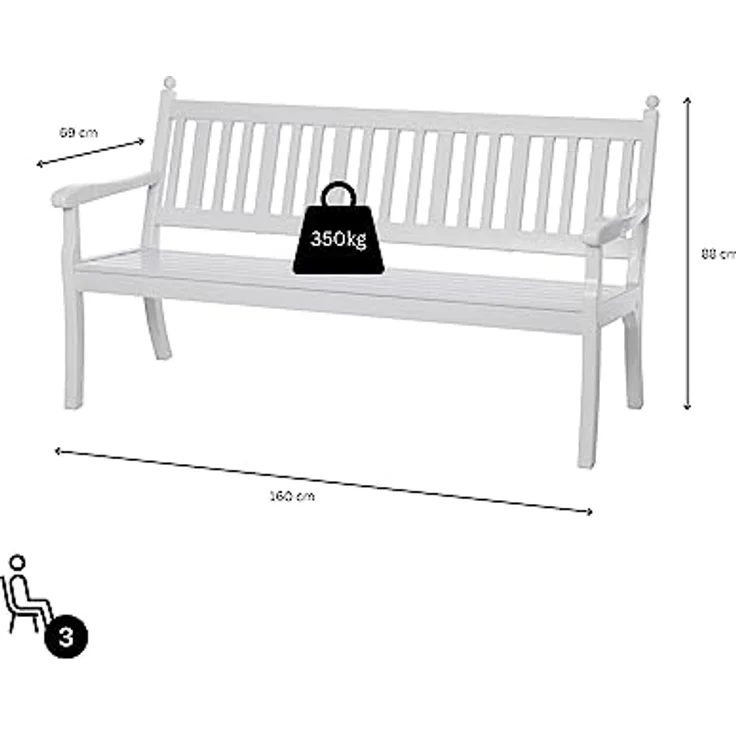 PROREGAL Gartenbank Aruba 3-Sitzer, witterungsbeständig in Weiß, HxBxT 88 x 160 x 69 cm, UV-beständiger Kunststoff, stabile Parkbank mit Rücklehne – Bild 2
