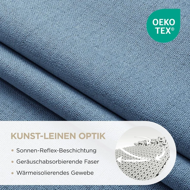 Joydeco 100% Verdunkelungsvorhänge Leinen Gardinen mit Kräuselband 2er Set H225xB140cm Wathet, Thermovorhang Kälteschutz Blickdicht Schallschutz Ideal für Wohnzimmer passt zu Schienensystemen – Bild 9