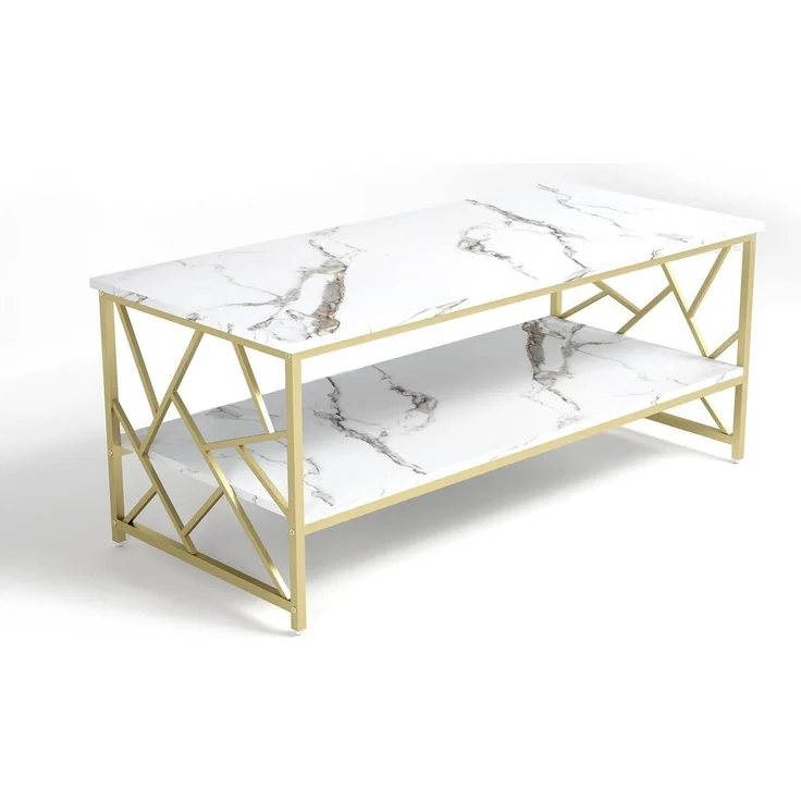 Wohnzimmertisch Weiß Marmor Couchtisch mit Stauraum Gold Tisch – Bild 1