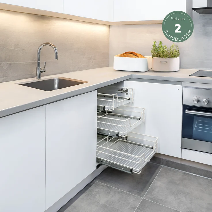 Teleskopschubladen 2er Set - für 40 cm Schrank mit Einlegeboden, aus Metall, (Cremeweiß) – Bild 8