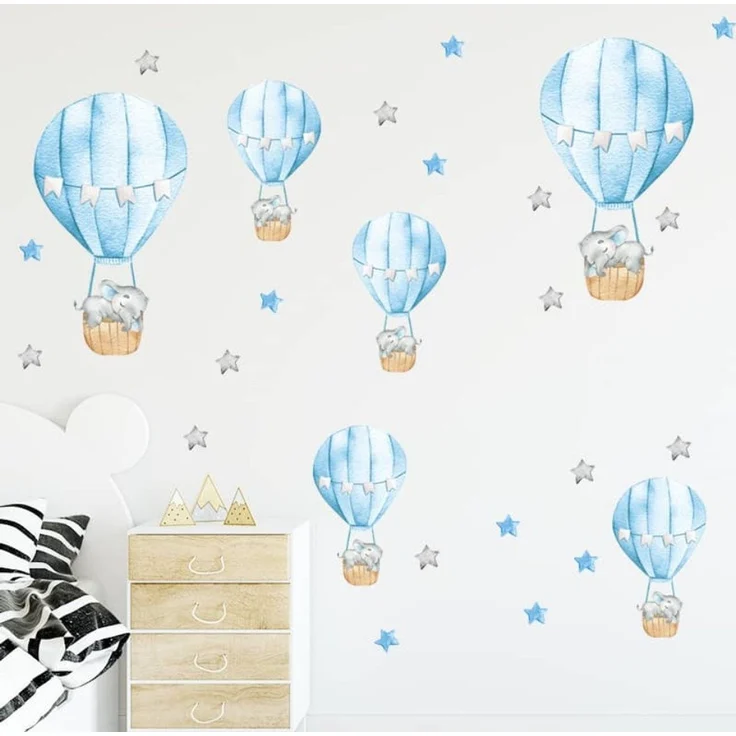 Montegoni Wandsticker Blaue Babyelefant Wandsticker mit Heißluftballon und Sternen, Selbstklebende Wandsticker, leicht entfernbar – Bild 3