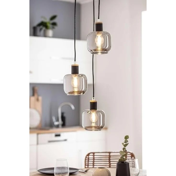 Näve Pendelleuchte Fumoso 3-flammig, moderne Hängeleuchte mit dunklen Gläsern in Schwarz/Natur, E14 Fassungen – Bild 5