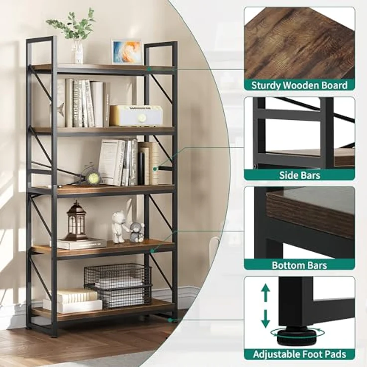 YITAHOME Bücherregal mit 5 Ebenen, Großes Standregal, Holzregal und Metallrahmen, Industrieregal, Bodenstehendes Lagerregal, für Wohnzimmer, Home Office, Vintagebraun Regal – Bild 6