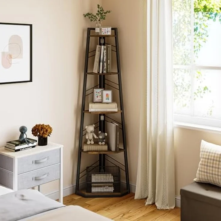 YITAHOME Eckregal, 5-stöckiges Leiterregal, Industrielles Bücherregal, Bodenstehendes Regal, Offenes Standregal aus Holz, für Wohnzimmer, Flur, Schlafzimmer, Home-Office, Vintagebraun Lagerregal – Bild 1