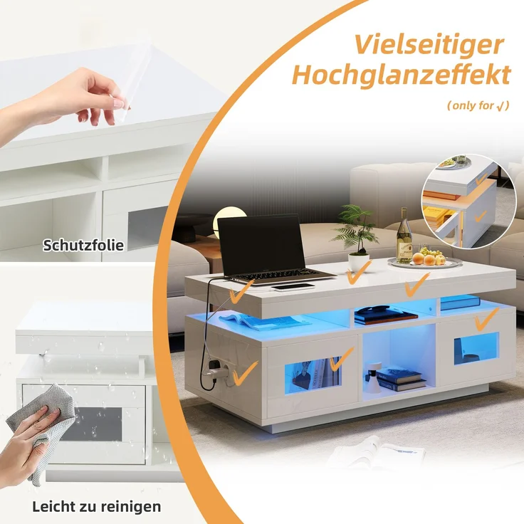 100×50×43cm weißer Hochglanz-Couchtisch, mit per mobiler App steuerbaren LED-Leuchten, Wohnzimmertisch mit Schrank, Sofatisch mit Ladeanschluss und steckdose , geeignet für Büro, Arbeitszimmer – Bild 8