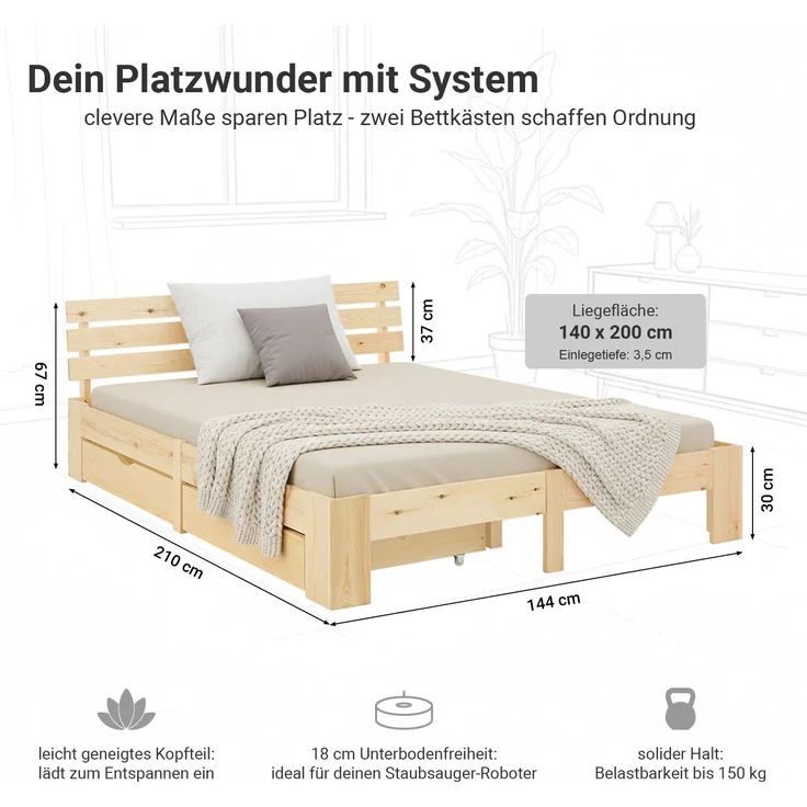 Holzbett 140x200 cm mit Federkernmatratze & 2 Bettkästen Doppelbett Bett Holzbettrahmen Natur Massiv Holz Lattenrost – Bild 3