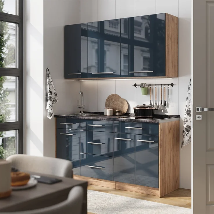 Singleküche Fame-Line Dunkelblau Hochglanz/Goldkraft Eiche 150 cm ohne Arbeitsplatte Vicco – Bild 5