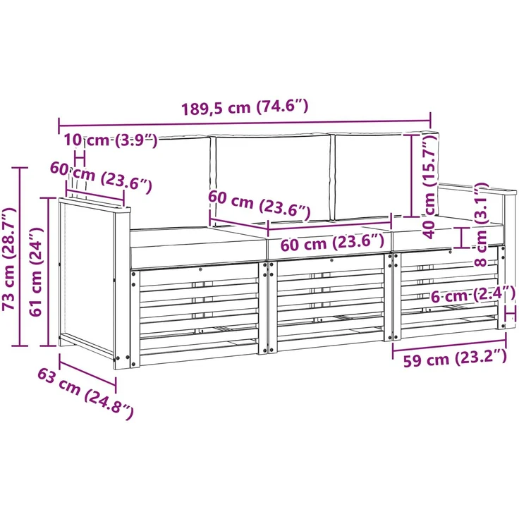 vidaXL Sofagarnituren mit Kissen 3 pcs Massivholz Akazie 3383956 – Bild 7