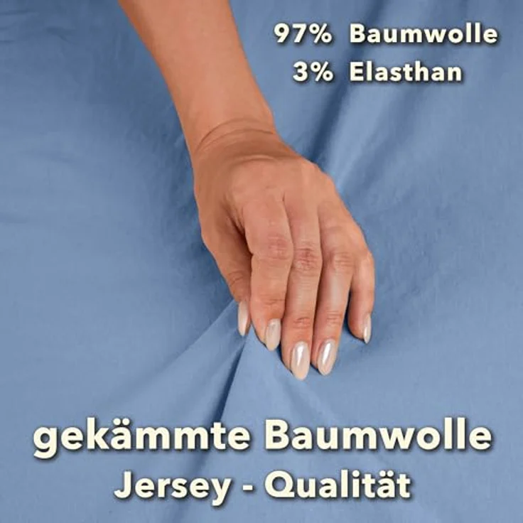STUDIO Premium Spannbettlaken 120x200cm, 120x220cm, 130x200cm & 130x220cm – Jersey-Spannbetttuch, 97% Baumwolle, 3% Elastan – Mittelblau, bügelfrei, für Matratzen bis 35cm – Bild 4
