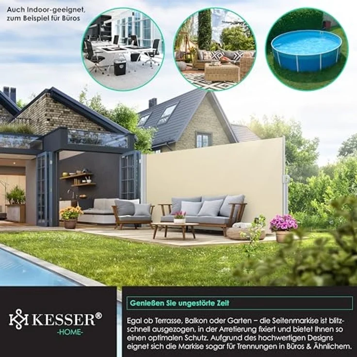 KESSER® Alu-Seitenmarkise Ausziehbar & Blickdicht | Garten-Sichtschutz & Windschutz mit Aufrollautomatik für Balkon & Terrasse | Seitenrollo inkl. Regencover mit Wandhalterung Beige, 300 x 180 cm – Bild 6
