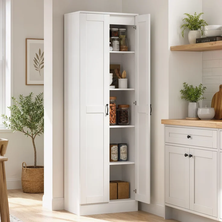 HOMCOM Küchenschrank, 2 Türen mit Soft-Close, 5 Einlegeböden davon 2 verstellbar, Spanplatte, Weiß, 60 x 36,5 x 175 cm, mit Kippschutz – Bild 2