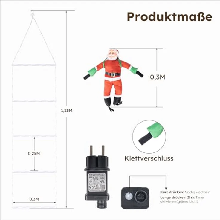 LEDYA 1,25M Leiter Lichterkette mit Weihnachtsmann, 98 LED Weihnachtsbeleuchtung Strombetrieben mit Timer, Speicherfunktion, 8 Modi für Innen- & Außen Weihnachtsbaum Fenster Weihnachten Deko, Warmweiß – Bild 8