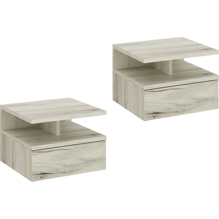 KOMTO Nachttisch Hängend mit Ablage, Wandregal mit Schublade | Nachttisch 2er Set Weiß Eiche, Nachtschrank Hängend, 35,4 × 32,2 × 24,6 cm