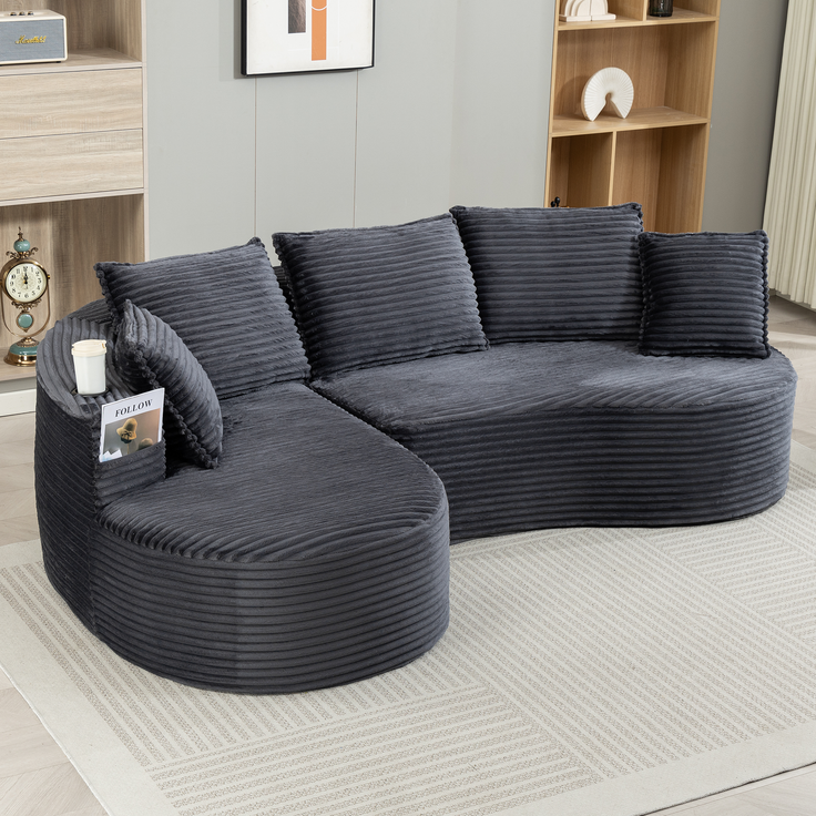 LVHOM Ecksofa L-Form, Cloud Sofa mit Tassenhalter und Seitentaschen, 3-Sitzer Sofa aus Cordstoff, kein Aufbau erforderlich, 250x152cm, Dunkelgrau