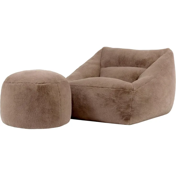 icon Natalia Sitzsack Sessel für Erwachsene mit Hocker, Mokkabraun, Flauschiger Kaninchen Kunstfell Stoff, Riesen Sitzsack mit Füllung, Bean Bag, Bequemer Sessel Wohnzimmer, Lounge, Schlafzimmer, Büro
