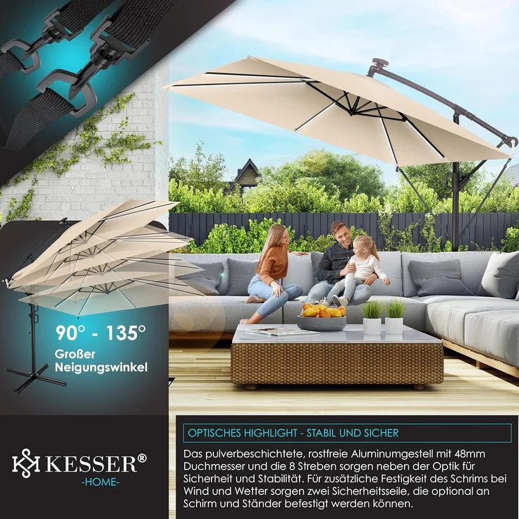 KESSER® Ampelschirm Holly Sonnenschirm Rechteckig mit und ohne LED Solar inkl. Abdeckung + Windsicherung mit Kurbel | Kurbel-Schirm mit Ständer UV-Schutz Aluminium Wasserabweisend Ø350cm Gartenschirm Beige, Mit LED – Bild 3