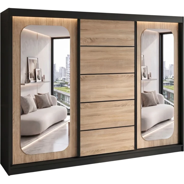 BELANO Schwebetürenschrank 200 cm mit Spiegel – Kleiderschrank mit Schiebetüren, Innenausstattung: Premium – Bild 1
