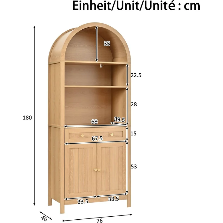 ZUBALIYA Aufbewahrungsschrank, mit Schubladen, mit Stauraum, H 180 × T 40 × B 76 cm, Natur, MDF / Spanplatte – Bild 3