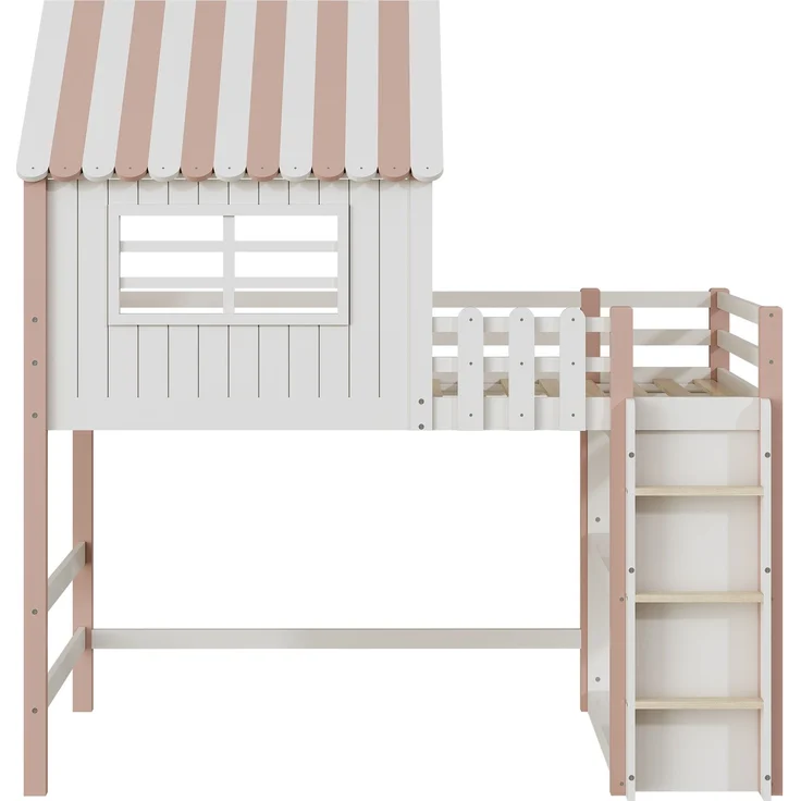 Kinderbett, hoch und niedrig Bett für Jungen und Mädchen Heimbett Dachform mit Sicherheitsleiter mit Ablagefach Multifunktionsbett, Massivholzbett mit Lattenrost, Rosa, 90 x 200 cm – Bild 4