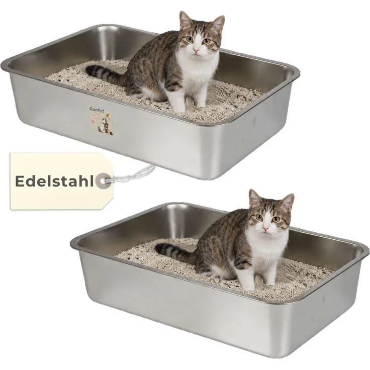 2er Set Edelstahl Katzenklo Groß Katzentoilette Edelstahl Wanne Katzenklo Metall Katzen Klo hoher Rand Geruchsarm Katzentoiletten Offen Edelstahlwanne Katzen Zubehör