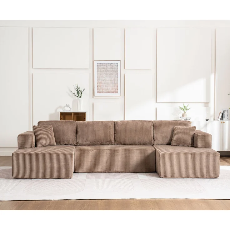 Schlafsofa U-Form 332x156x88 cm Braun aus Corduroy, mit Schlaffunktion, 4 großen und 2 kleinen Kissen – Bild 4