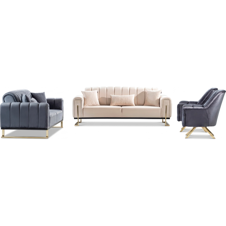 Sitzgruppe/Sofa Set - Wohnzimmergarnitur "Elara" 3+3+1-Beige/Grau