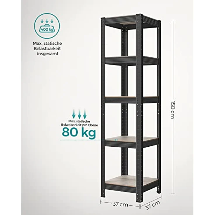 SONGMICS Standregal, 2er Set, Bücherregal, Lagerregal, 5 Ablagen, verstellbar, 37 x 37 x 150 cm, jeweils bis 400 kg belastbar, für Küche, Wohnzimmer, Greige-schwarz GLR037B12 – Bild 4